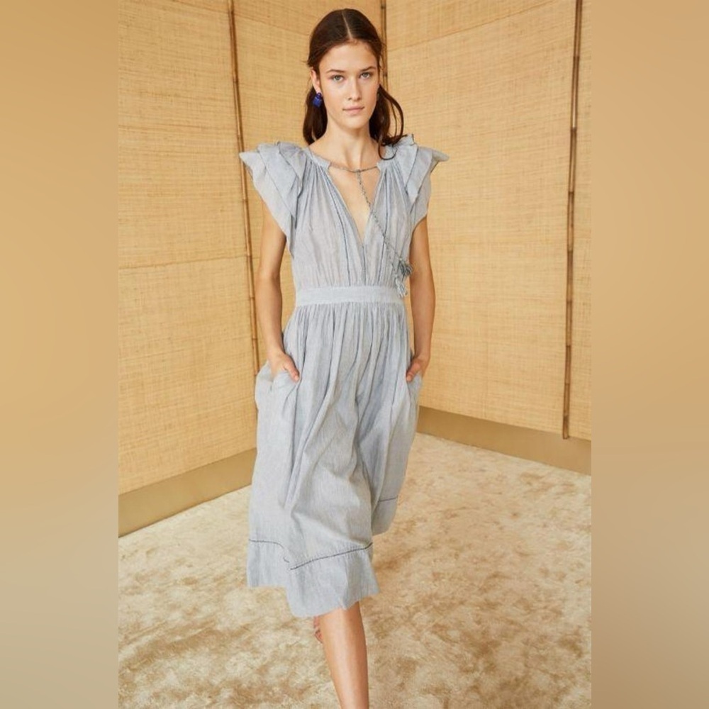 ulla johnson merle pinstripe ruffle tiered sleeve midi dress